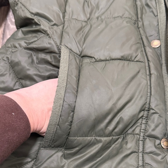 Barbour Olive Puffer Jacket with Faux Fur Trim - Picture 2 of 15